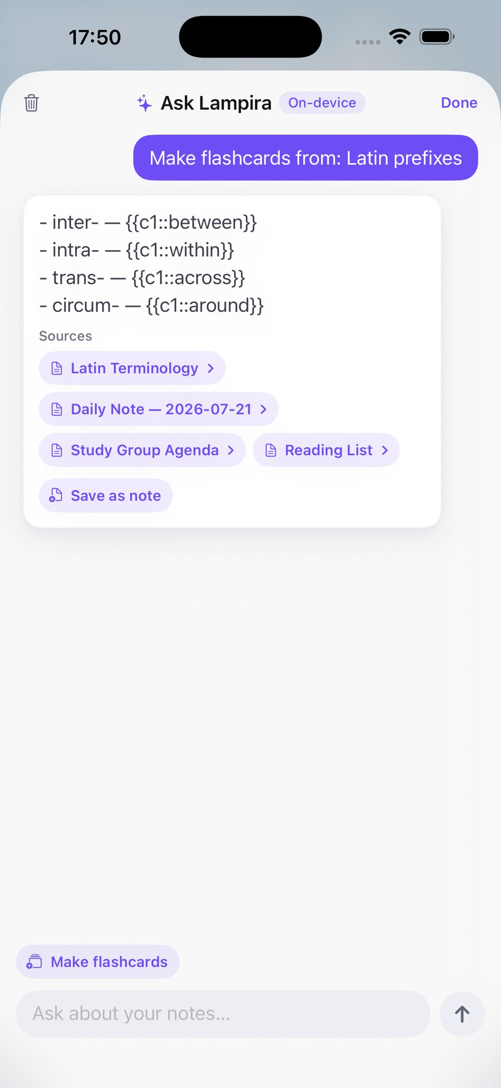 AI-drafted flashcards sheet with blanked-out answers, waiting for your approval