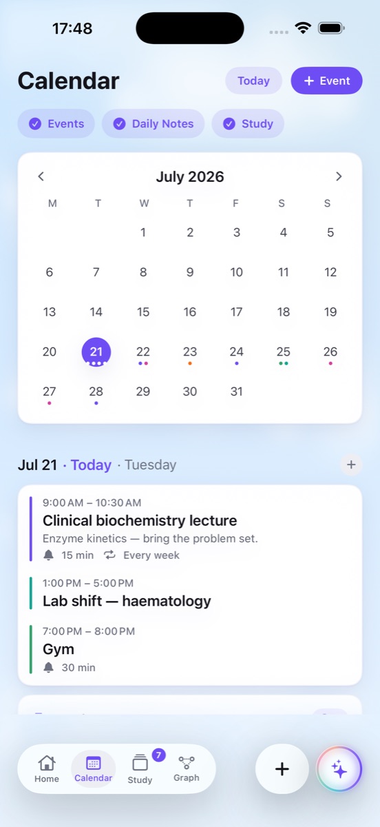 Lampira calendar with a month grid, color-coded categories and the day's events under it