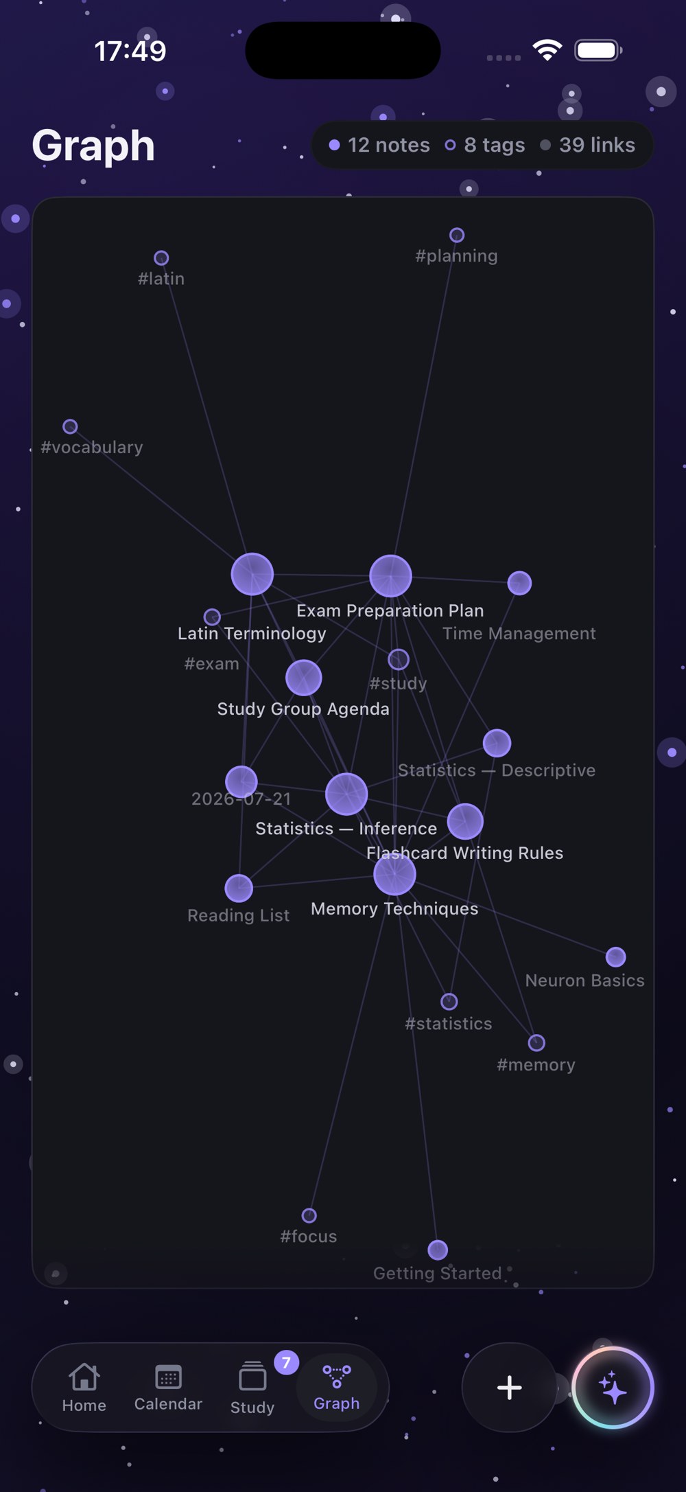 Animated knowledge graph of eleven notes and twenty-four links between study topics
