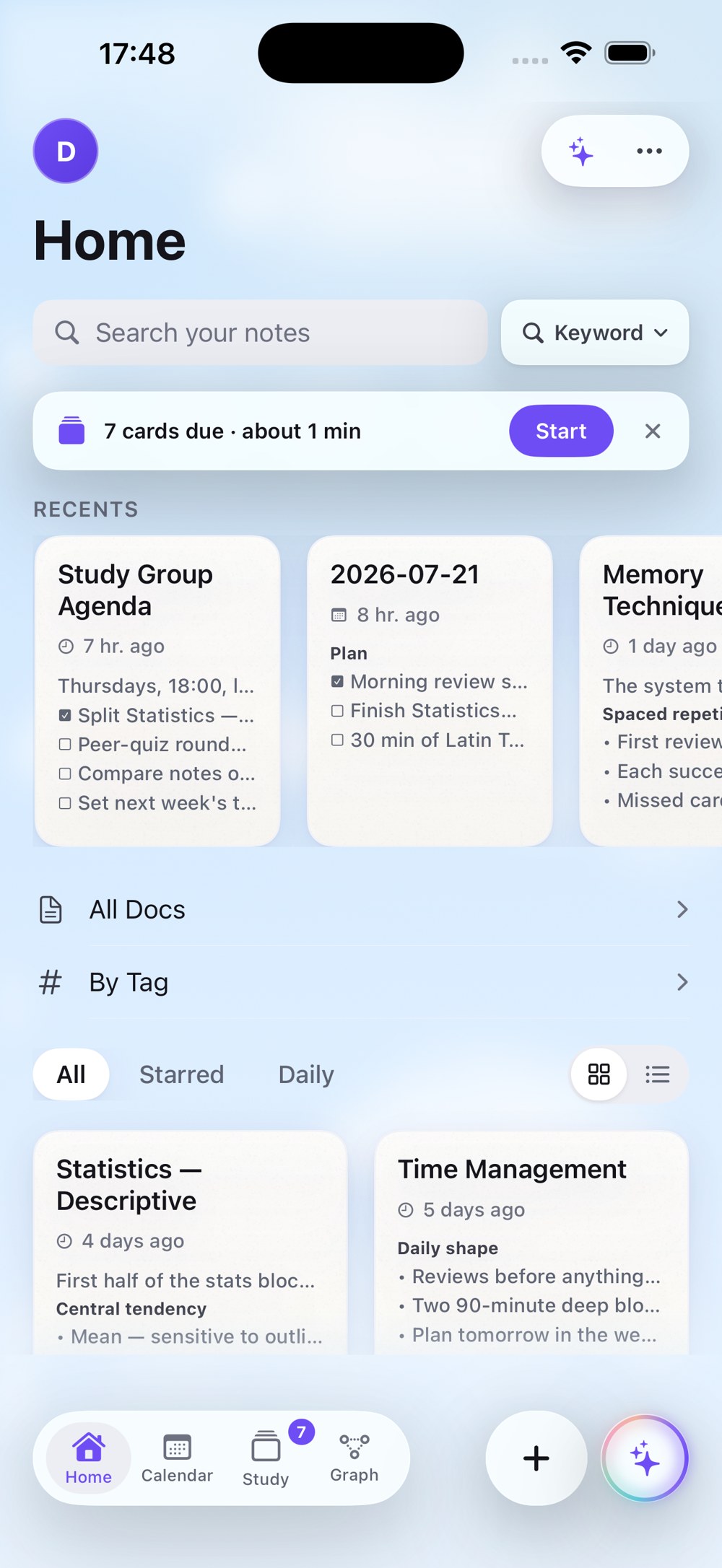Lampira home screen: due-cards banner with a Start button and a grid of styled study documents